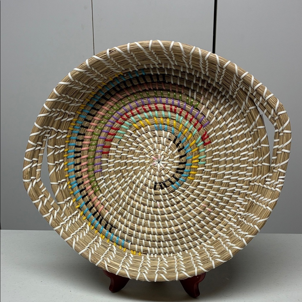 Handwoven Round Basket Tray Colorful Woven Wall Decor Boho Basket